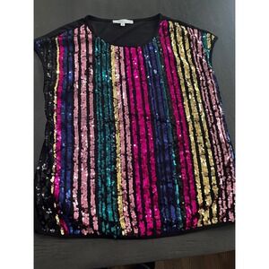Cleo Petites Womens Sequin Stripe Top Black Multi Color Sleeveless Med Rainbow